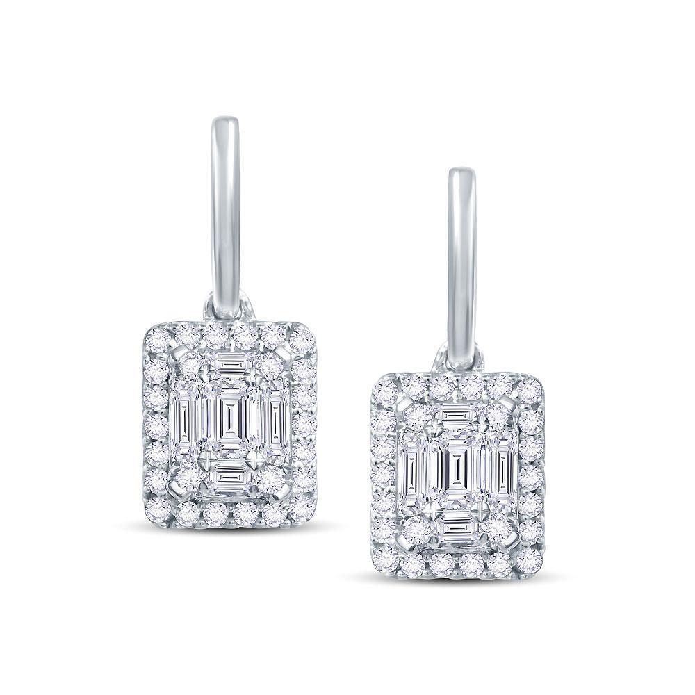 18ct White Gold Emerald Cut 0.80ct Cluster Drop Earrings