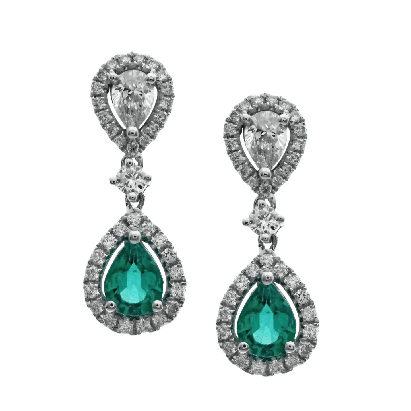 18ct White Gold Pear Shape Emerald 0.47ct Diamond Drop Earrings