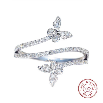 Bague Double Papillon en Argent 925 avec diamant 0.75 ct