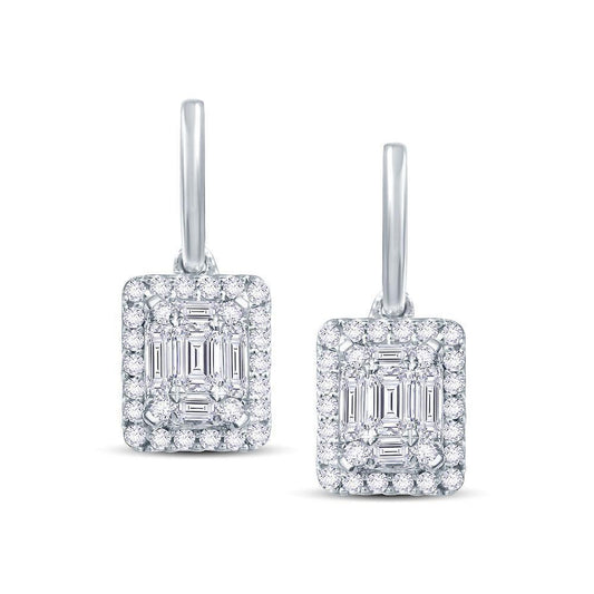 18ct White Gold Emerald Cut 0.80ct Cluster Drop Earrings